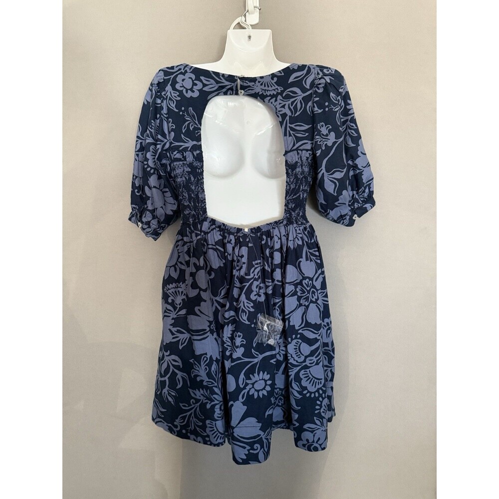 Free People Delilah Mini Dress XS Blue Floral Puff Sleeve Smocked Backless New